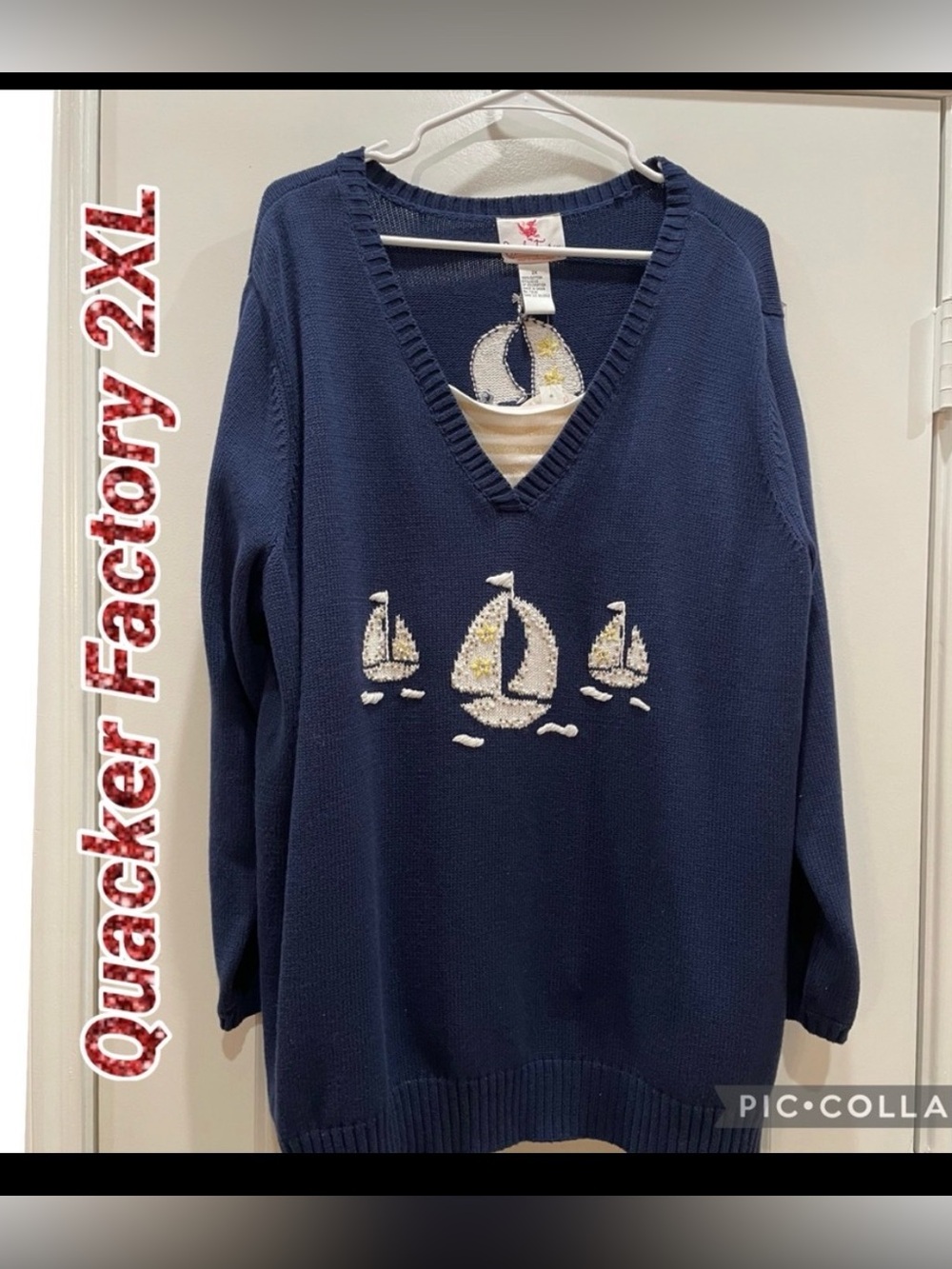 Navy Blue & Metallic Gold V-Neck Nautical Sweater w Sailboat Design  SZ: 2XL NWT